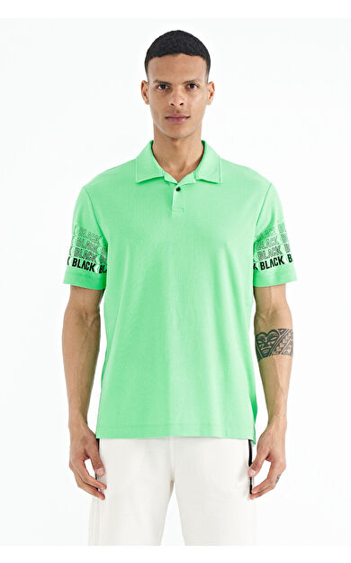 Su Yeşili Kol Baskı Detaylı Polo Yaka Standart Form Erkek T-shirt - 88240