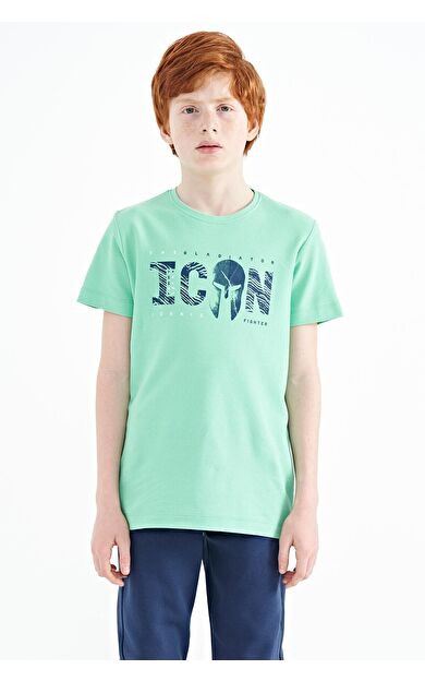 Su Yeşili Ön Yazı Nakışlı O Yaka Standart Kalıp Erkek  Çocuk T-Shirt - 11118