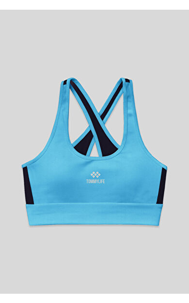 Turkuaz Çapraz Sırt Detaylı Slim Fit U Yaka Pedli Kadın Spor Büstiyer - 97121