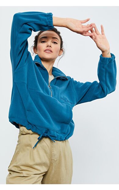 Zümrüt Yarım Fermuar Etek Ucu Büzgülü Kadın Polar Oversize Sweatshirt - 97171