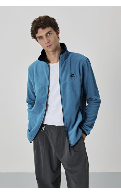 Zümrüt Yazı Nakışlı Dik Yaka Fermuarlı Standart Kalıp Erkek Sweatshirt Polar - 87992