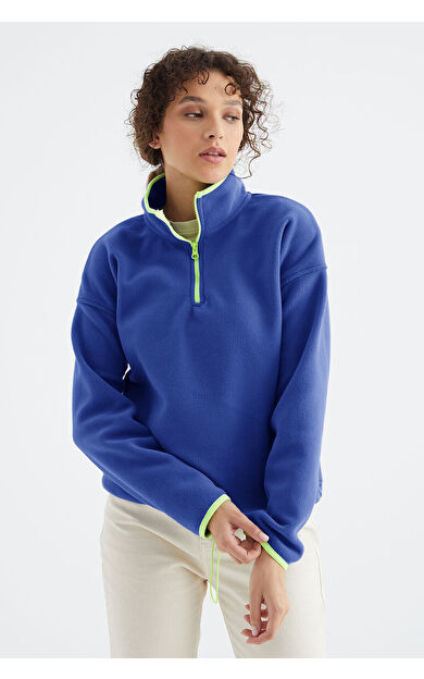 Saks Yarım Fermuar Etek Ucu Büzgülü Dik Yaka Standart Kalıp Kadın Polar Sweatshirt - 97234
