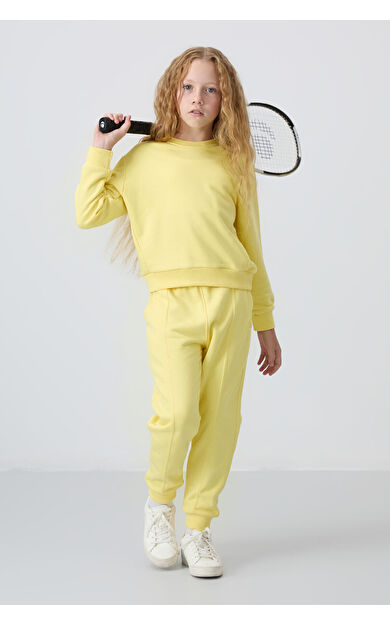Sarı Pamuklu İçi Tüylü Yumuşak Dokulu Oversize Nakışlı Kız Çocuk Eşofman Takım - 75145