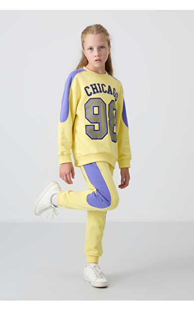 Sarı Pamuklu İçi Tüylü Yumuşak Dokulu Standart Fit Baskılı Kız Çocuk Eşofman Takım - 75170