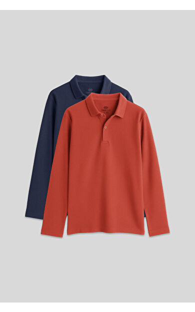 TommyLife Basic Polo Yaka 2li Paket Lacivert-Coral Unisex Çocuk T-Shirt - 11170