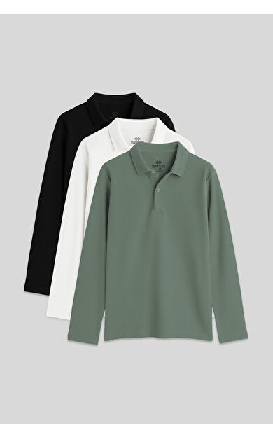 TommyLife Basic Polo Yaka 3lü Paket Siyah-Beyaz-Çağla Unisex Çocuk T-Shirt - 11170