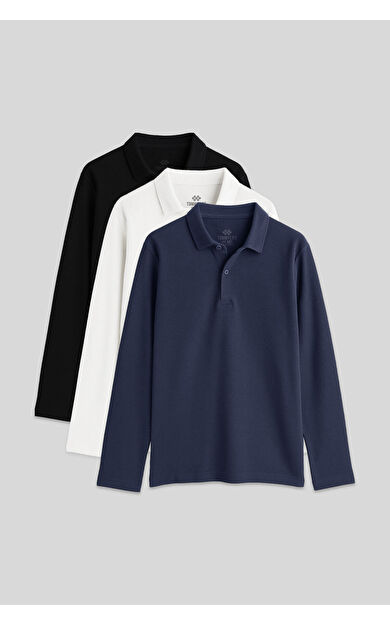 Basic Polo Yaka 3lü Paket Siyah-Beyaz-Lacivert Unisex Çocuk T-Shirt - 11170