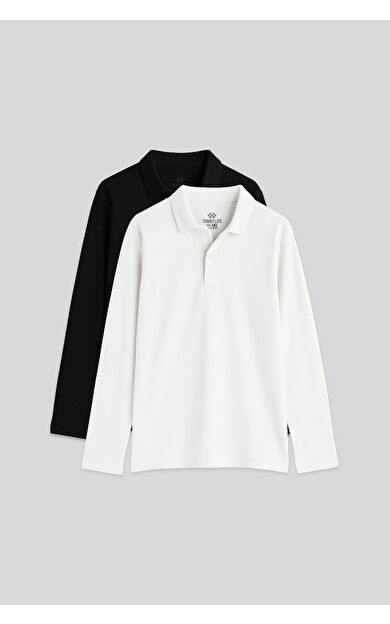 TommyLife Basic Polo Yaka 2li Paket Siyah-Beyaz Unisex Çocuk T-Shirt - 11170