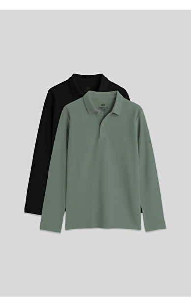 TommyLife Basic Polo Yaka 2li Paket Siyah-Çağla Unisex Çocuk T-Shirt - 11170