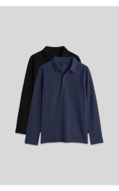 Basic Polo Yaka 2li Paket Siyah-Lacivert Unisex Çocuk T-Shirt - 11170