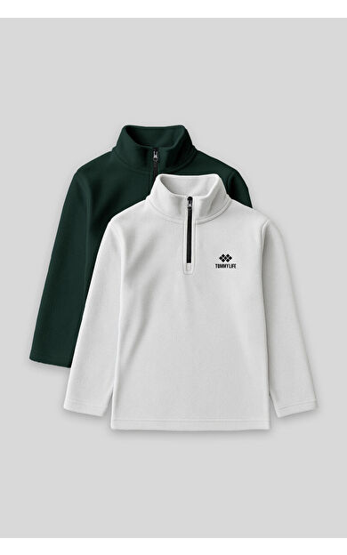 TommyLife Standart Fit 2li Paket Çam Yeşili-Taş Erkek Çocuk Polar Sweatshirt - 11221