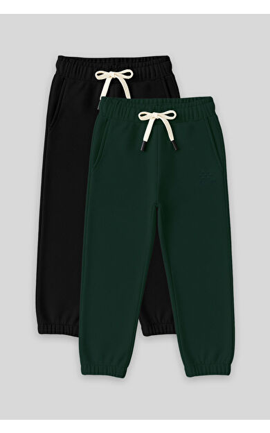 Standart Fit Basic 2li Paket Siyah-Çam Yeşili Erkek Çocuk Eşofman Alt - 11225