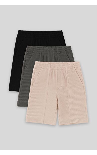 Standart Fit Basic 3lü Paket Siyah-Haki-Bej Erkek Çocuk Şort - 11289