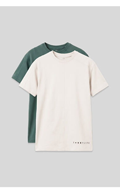 Basic Oversize O Yaka 2li Paket Ekru-Açık Yeşil Erkek Çocuk T-Shirt - 11297