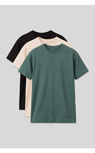 Basic Oversize O Yaka 3lü Paket Siyah-Bej-Açık Yeşil Erkek Çocuk T-Shirt - 11297