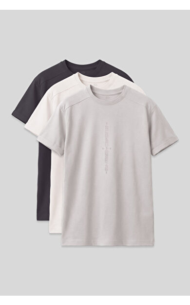 Oversize Fit Baskılı 3lü Paket  Antrasit-Ekru-Taş Erkek Çocuk T-Shirt - 11301