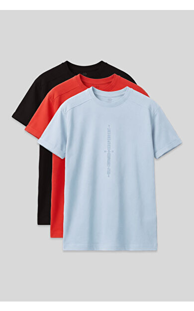 Oversize Fit Baskılı 3lü Paket Siyah-Fiesta-Açık Mavi Erkek Çocuk T-Shirt - 11301