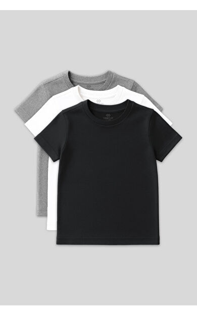 Standart Fit Basic O Yaka 3lü Paket Gri Melanj-Antrasit-Beyaz Unisex Çocuk T-Shirt - 11328