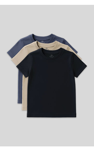 Standart Fit Basic O Yaka 3lü Paket Lacivert-Bej-Koyu Mavi Unisex Çocuk T-Shirt - 11328