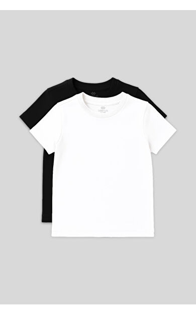 Standart Fit Basic O Yaka 2li Paket Siyah-Beyaz Unisex Çocuk T-Shirt - 11328