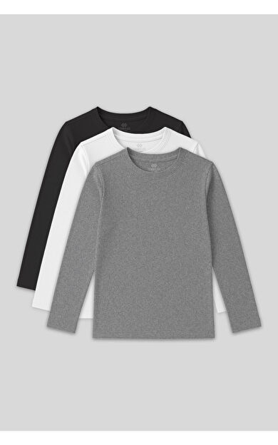 Standart Fit Basic O Yaka 3lü Paket Gri Melanj-Antrasit-Beyaz Unisex Çocuk T-Shirt - 11329