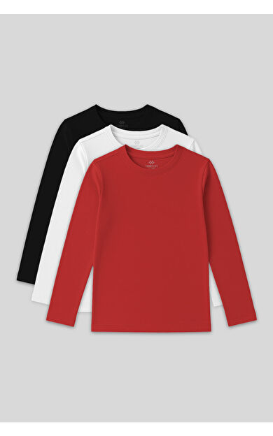 TommyLife Standart Fit Basic O Yaka 3lü Paket Siyah-Beyaz-Fiesta Unisex Çocuk T-Shirt - 11329