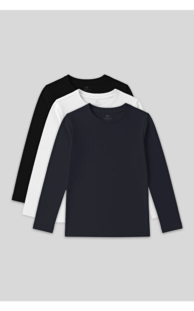 TommyLife Standart Fit Basic O Yaka 3lü Paket Siyah-Beyaz-Lacivert Unisex Çocuk T-Shirt - 11329