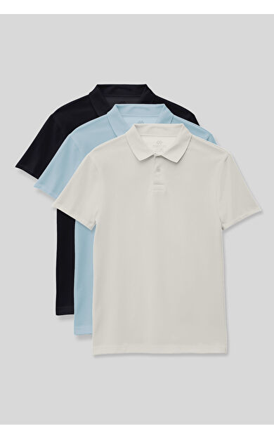 Standart Fit Basic Polo Yaka 3lü Paket Lacivert-Ekru-Açık Mavi Unisex Çocuk T-Shirt - 11330