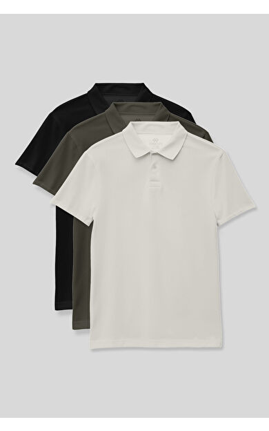 Standart Fit Basic Polo Yaka 3lü Paket Siyah-Haki-Ekru Unisex Çocuk T-Shirt - 11330