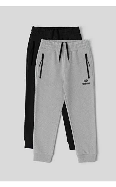 TommyLife Standart Fit Basic 2li Paket Siyah-Gri Melanj Erkek Çocuk Eşofman Alt - 64042