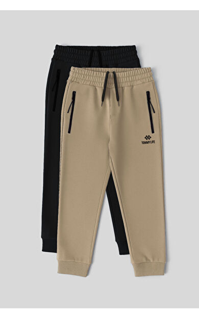 TommyLife Standart Fit Basic 2li Paket Siyah-Koyu Bej Erkek Çocuk Eşofman Alt - 64042