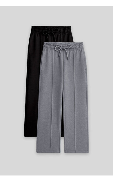 TommyLife Standart Fit 2li Paket Siyah-Kar Melanj Kız Çocuk Eşofman Alt -75144