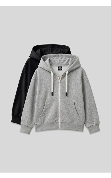 Fermuarlı Pamuklu 2li Paket Siyah-Gri Melanj Kız Çocuk Sweatshirt - 75149