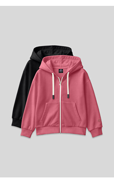 TommyLife Fermuarlı Pamuklu 2li Paket Siyah-Yaban Gülü Kız Çocuk Sweatshirt - 75149