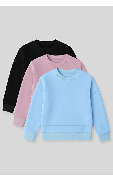 TommyLife Oversize 3lü Paket Siyah-Gül Kurusu-Açık Mavi Kız Çocuk Sweatshirt - 75150