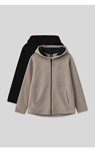 TommyLife Standart Fit Kapüşonlu 2li Paket Siyah-Koyu Bej Kız Çocuk Sweatshirt - 75152