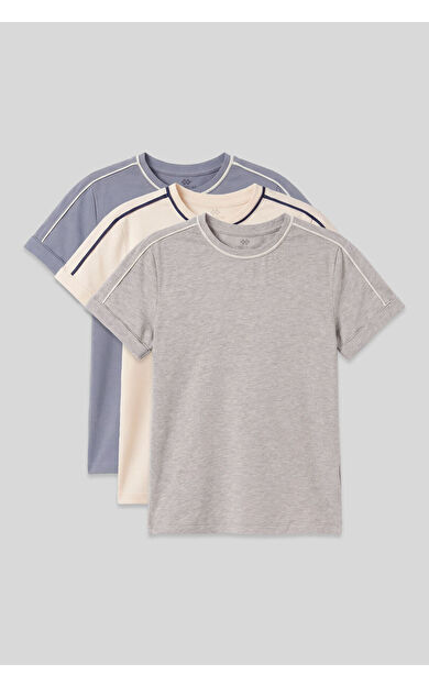Standart Fit O Yaka 3lü Paket Koyu Mavi-Ekru-Gri Melanj Kız Çocuk T-Shirt - 75177