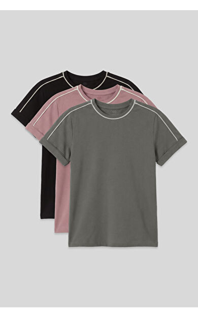 Standart Fit O Yaka 3lü Paket Siyah-Haki-Gül Kurusu Kız Çocuk T-Shirt - 75177