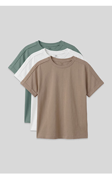 Oversize Fit O Yaka Basic 3lü Paket Beyaz-Koyu Bej-Açık Yeşil Kız Çocuk T-Shirt - 75182
