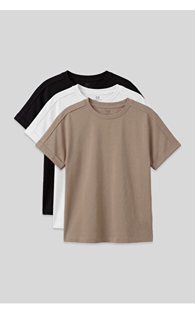 Oversize Fit O Yaka Basic 3lü Paket Siyah-Beyaz-Koyu Bej Kız Çocuk T-Shirt - 75182