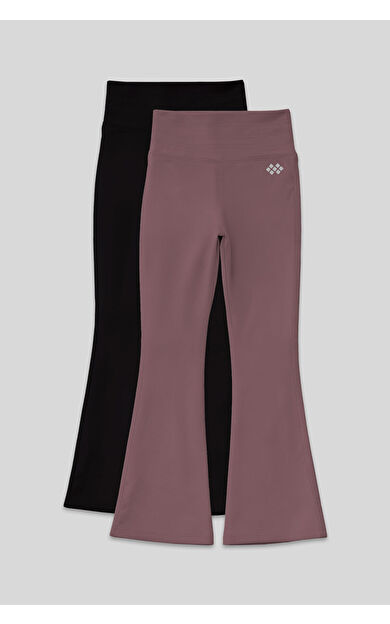 Esnek Performans İspanyol Paça 2li Paket Siyah-Gül Kurusu Kız Çocuk Tayt - 75193