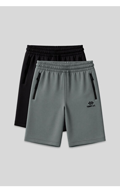TommyLife Standart Kalıp 2li Paket Siyah-Çağla Erkek Şort - 81136