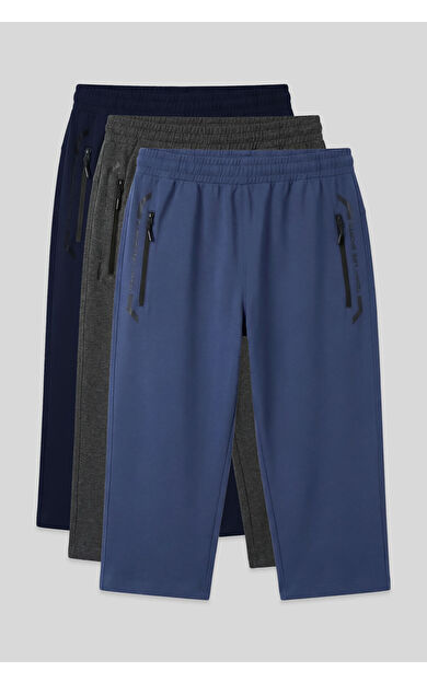 Standart Kalıp 3lü Paket Lacivert-Antrasit Melanj-Petrol Erkek Kapri - 83091