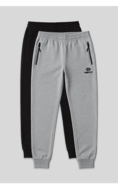TommyLife Standart Kalıp 2li Paket Siyah-Gri Melanj Erkek Eşofman Alt - 84587