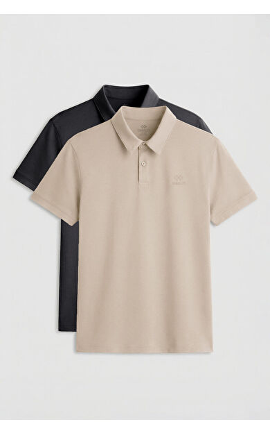 Standart Fit Basic Polo Yaka 2li Paket Antrasit-Bej Erkek T-Shirt - 87748