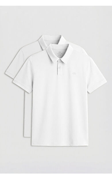 Standart Fit Basic Polo Yaka 2li Paket Beyaz Erkek T-Shirt - 87748