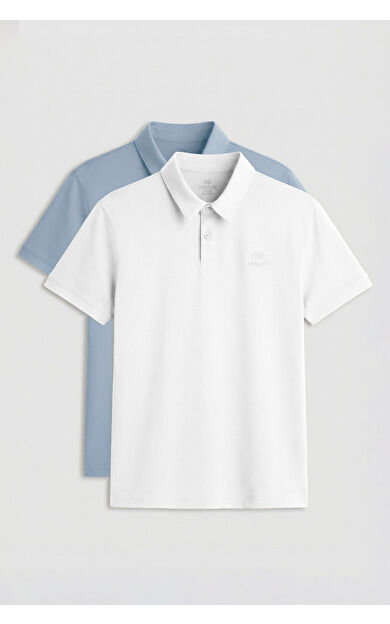 Standart Fit Basic Polo Yaka 2li Paket Beyaz-Buz Mavi Erkek T-Shirt - 87748