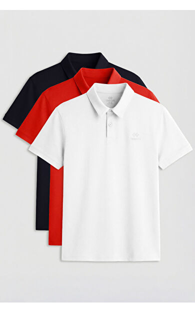 Standart Fit Basic Polo Yaka 3lü Paket Beyaz-Lacivert-Kırmızı Erkek T-Shirt - 87748
