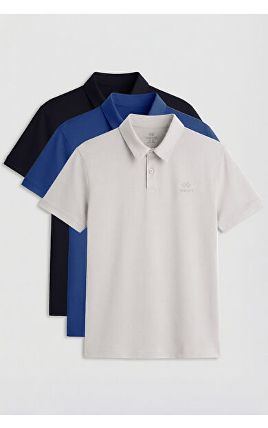 Standart Fit Basic Polo Yaka 3lü Paket Lacivert-Taş-Parlament Erkek T-Shirt - 87748