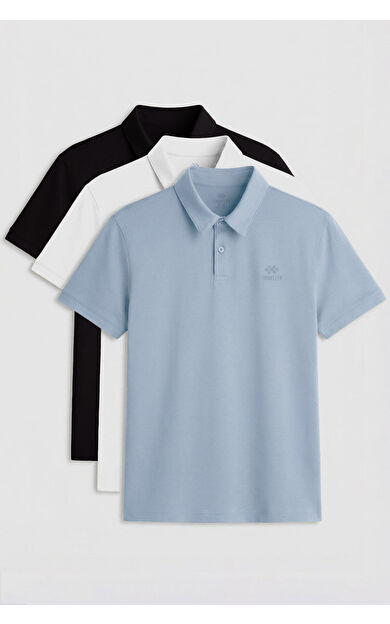 Standart Fit Basic Polo Yaka  3lü Paket Siyah-Beyaz-Buz Mavi Erkek T-Shirt  87748